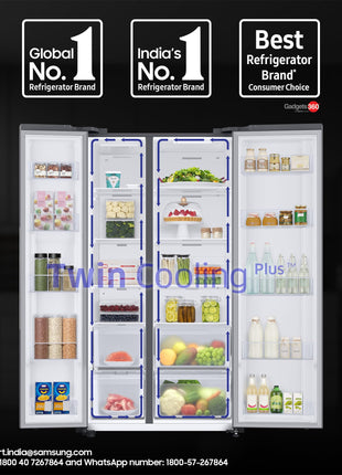 Samsung 653 L, 3 Star, Frost Free, Double Door, Convertible 5-in-1 Digital Inverter, Side By Side AI Enabled Smart Refrigerator with WiFi (RS76CG8003S9HL, Silver, Refined Inox, 2025 Model) 