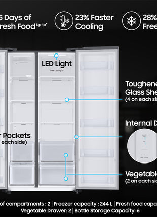 Samsung 653 L, 3 Star, Frost Free, Double Door, Convertible 5-in-1 Digital Inverter, Side By Side AI Enabled Smart Refrigerator with WiFi (RS76CG8003S9HL, Silver, Refined Inox, 2025 Model) 