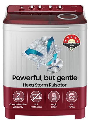 Samsung 7.5 Kg Inverter 5 Star Semi Automatic Top Load Washing Machine (WT75B3200RR/TL, Light Grey & Red Base, Air turbo drying) 