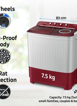 Samsung 7.5 Kg Inverter 5 Star Semi Automatic Top Load Washing Machine (WT75B3200RR/TL, Light Grey & Red Base, Air turbo drying) 