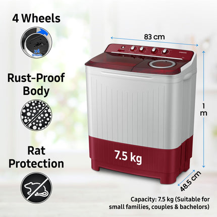 Samsung 7.5 Kg Inverter 5 Star Semi Automatic Top Load Washing Machine (WT75B3200RR/TL, Light Grey & Red Base, Air turbo drying) 