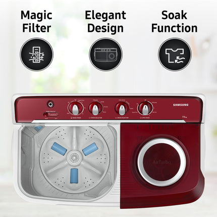 Samsung 7.5 Kg Inverter 5 Star Semi Automatic Top Load Washing Machine (WT75B3200RR/TL, Light Grey & Red Base, Air turbo drying) 