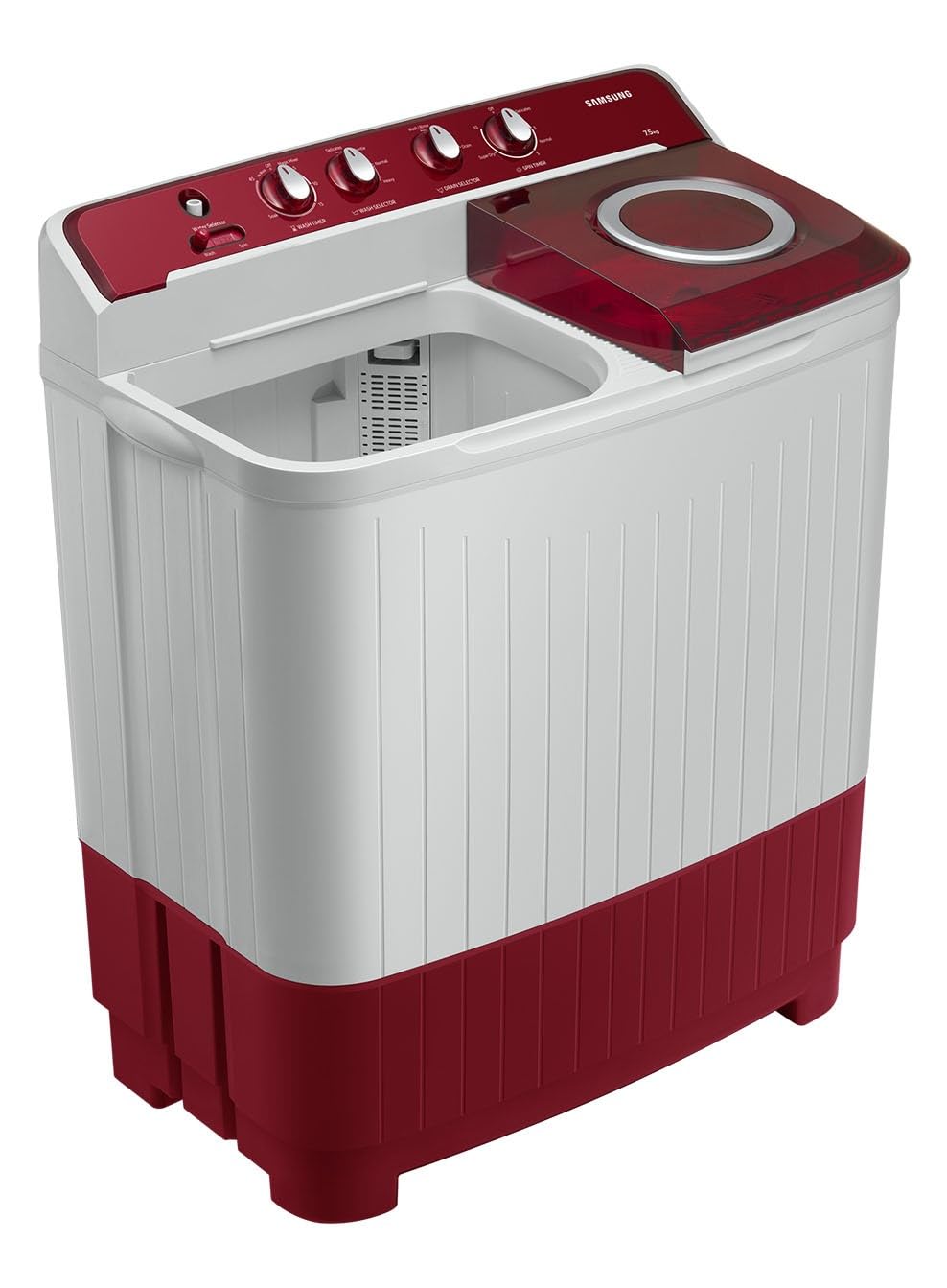 Samsung 7.5 Kg Inverter 5 Star Semi Automatic Top Load Washing Machine (WT75B3200RR/TL, Light Grey & Red Base, Air turbo drying) 