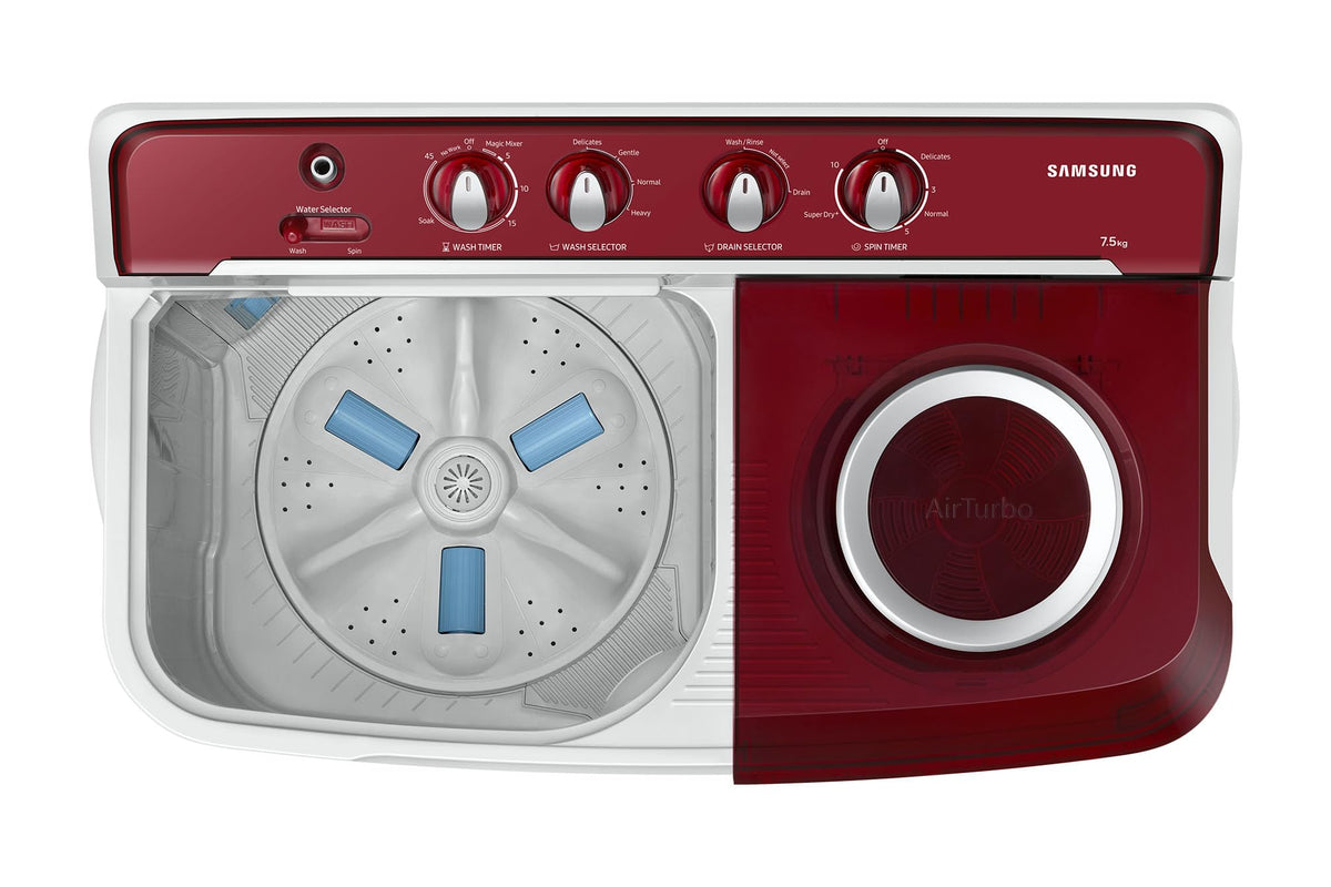 Samsung 7.5 Kg Inverter 5 Star Semi Automatic Top Load Washing Machine (WT75B3200RR/TL, Light Grey & Red Base, Air turbo drying) 