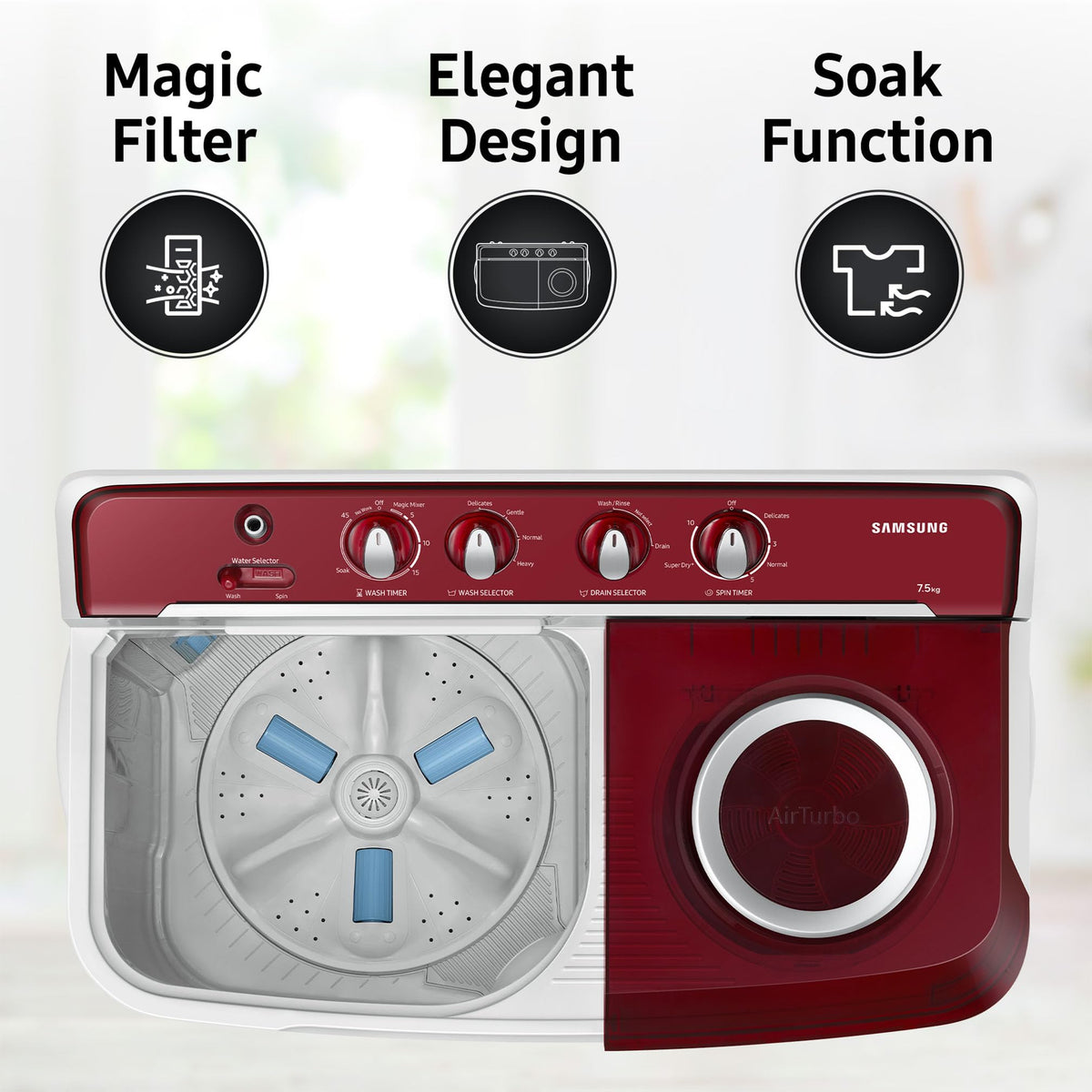 Samsung 7.5 Kg Inverter 5 Star Semi Automatic Top Load Washing Machine (WT75B3200RR/TL, Light Grey & Red Base, Air turbo drying) 