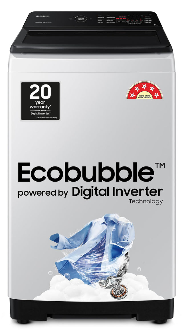 Samsung 7 kg, 5 star, Eco Bubble Technology with Super Speed, Soft Closing Door, Fully-Automatic Top Load Washing Machine (WA70BG4545BGTL, Light Gray) 