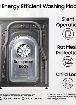 Samsung 7 kg, 5 star, EcoBubble Technology, Hygiene Steam with Inbuilt Heater, Digital Inverter, Fully-Automatic Front Load Washing Machine (WW70R22EK0X/TL, INOX GRAY) 