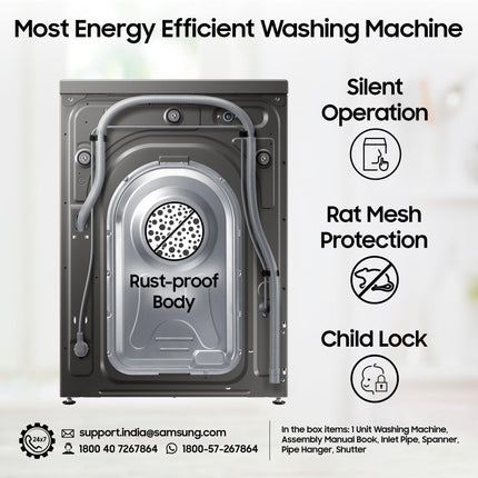 Samsung 7 kg, 5 star, EcoBubble Technology, Hygiene Steam with Inbuilt Heater, Digital Inverter, Fully-Automatic Front Load Washing Machine (WW70R22EK0X/TL, INOX GRAY) 