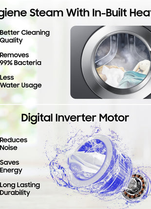 Samsung 7 kg, 5 star, EcoBubble Technology, Hygiene Steam with Inbuilt Heater, Digital Inverter, Fully-Automatic Front Load Washing Machine (WW70R22EK0X/TL, INOX GRAY) 