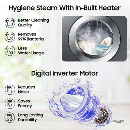 Samsung 7 kg, 5 star, EcoBubble Technology, Hygiene Steam with Inbuilt Heater, Digital Inverter, Fully-Automatic Front Load Washing Machine (WW70R22EK0X/TL, INOX GRAY) 
