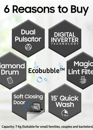 Samsung 7 kg, Eco Bubble Technology, Digital Inverter Motor, Soft Closing Door, Fully-Automatic Top Load Washing Machine (WA70BG4441YYTL, Lavender Gray) 