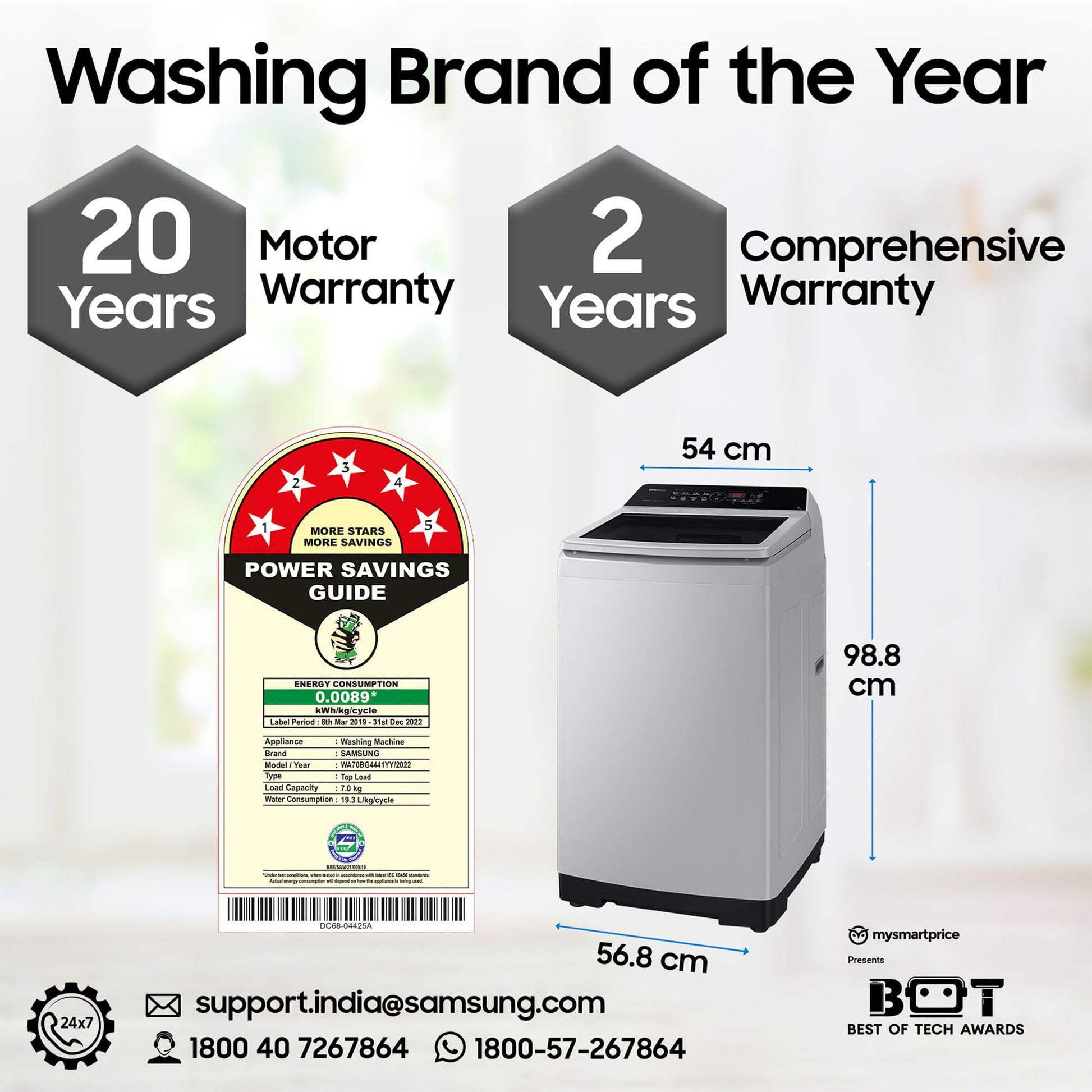 Samsung 7 kg, Eco Bubble Technology, Digital Inverter Motor, Soft Closing Door, Fully-Automatic Top Load Washing Machine (WA70BG4441YYTL, Lavender Gray) 