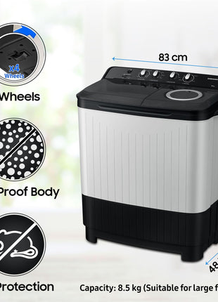 Samsung 8.5 kg, 5 star, Semi-Automatic Washing Machine (WT85C4200GG/TL, Air Turbo Drying, LIGHT GRAY) 