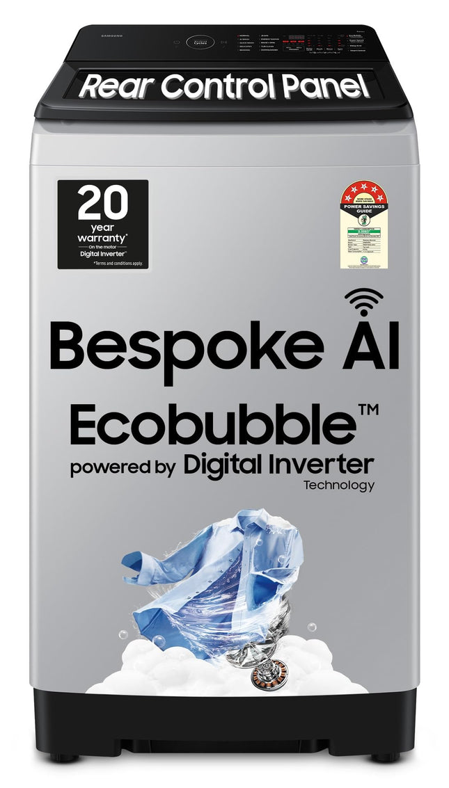 Samsung 8 Kg, 5 Star, AI Wash, AI Ecobubble, AI Energy Mode, AI VRT+, Super Speed, Soft Closing Door, Wi-Fi, Digital Inverter, Fully-Automatic Top Load Washing Machine (WA80F08S2LTL, Lavender Gray) 
