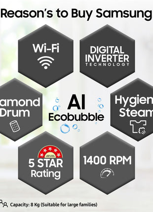 Samsung 8 Kg 5 Star Eco Bubble Technology, AI Control & Wi-Fi, Fully-Automatic Front Loading Washing Machine Appliance (WW80T504DAN1TL, Digital Inverter, In-Built Heater, Inox) 