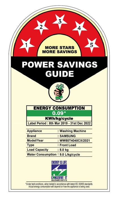 Samsung 8 kg, 5 Star, Digital Inverter Motor, Fully-Automatic Front Load Washing Machine Appliance (WW80T4040CX1TL, Hygiene Steam, Inox) 