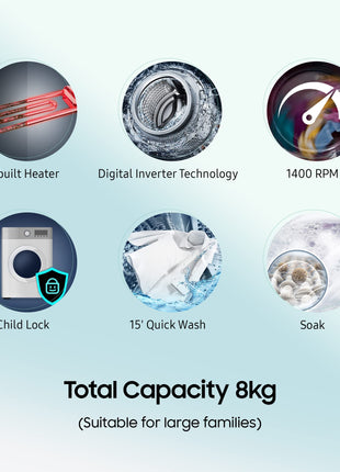 Samsung 8 kg, 5 Star, Digital Inverter Motor, Fully-Automatic Front Load Washing Machine Appliance (WW80T4040CX1TL, Hygiene Steam, Inox) 