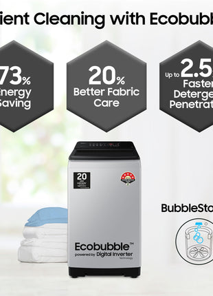 Samsung 8 kg, 5 star, Eco Bubble Tech, Digital Inverter Motor, Soft Closing Door, Fully-Automatic Top Load Washing Machine (WA80BG4441BGTL, Light Gray) 