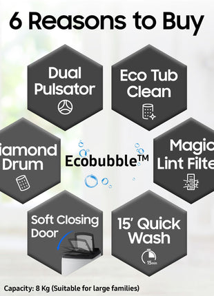 Samsung 8 kg, 5 star, Eco Bubble Tech, Digital Inverter Motor, Soft Closing Door, Fully-Automatic Top Load Washing Machine (WA80BG4441BGTL, Light Gray) 