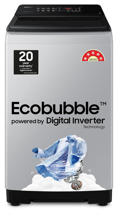 Samsung 8 kg, 5 star, Eco Bubble Tech, Digital Inverter Motor, Soft Closing Door, Fully-Automatic Top Load Washing Machine (WA80BG4441BGTL, Light Gray) 