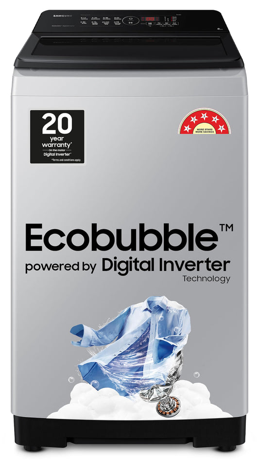 Samsung 8 kg, 5 star, Eco Bubble Tech, Digital Inverter Motor, Soft Closing Door, Fully-Automatic Top Load Washing Machine (WA80BG4441BGTL, Light Gray) 