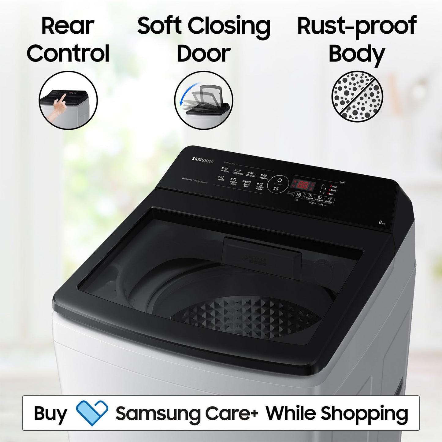 Samsung 8 kg, 5 star, Eco Bubble Tech, Digital Inverter Motor, Soft Closing Door, Fully-Automatic Top Load Washing Machine (WA80BG4441BGTL, Light Gray) 