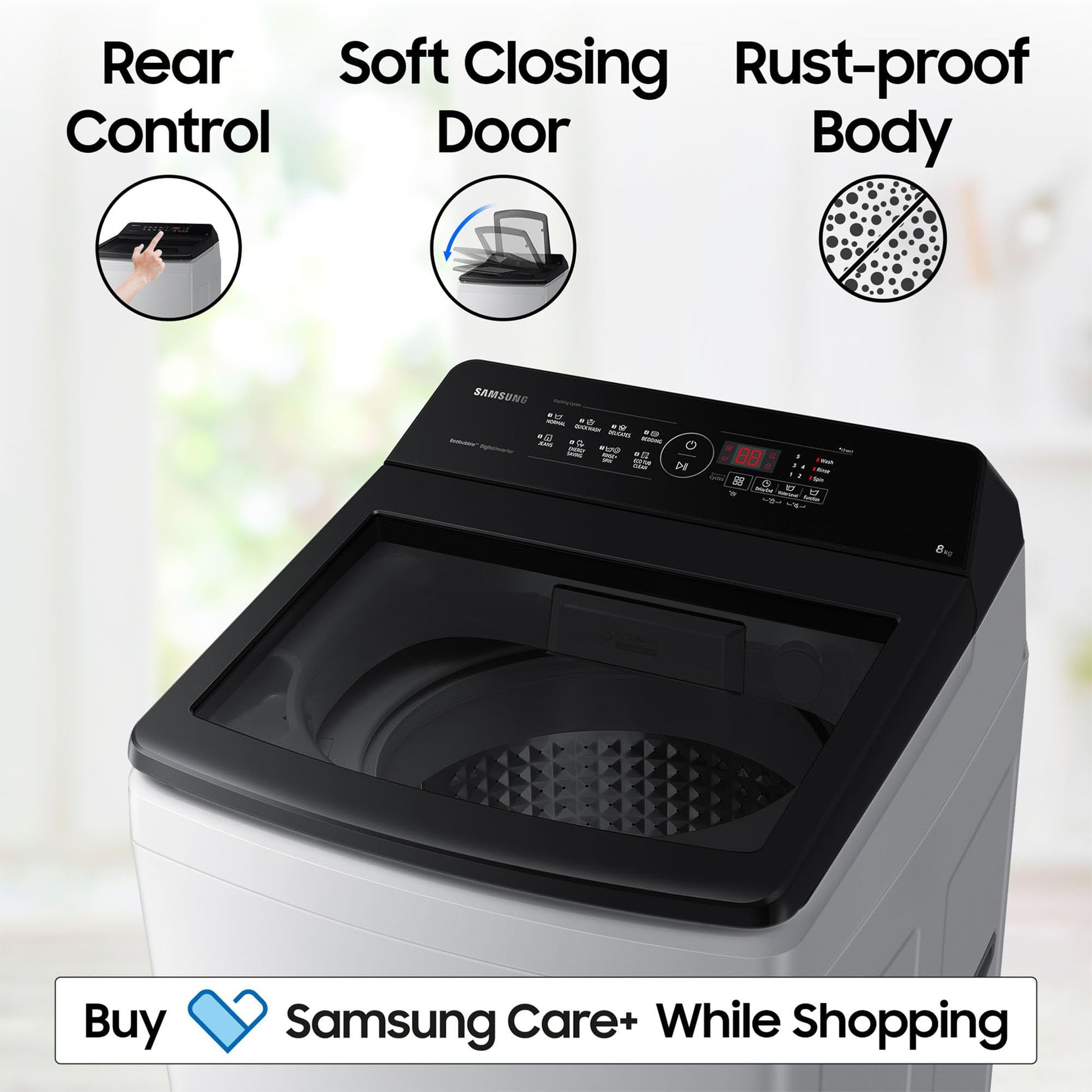 Samsung 8 kg, 5 star, Eco Bubble Tech, Digital Inverter Motor, Soft Closing Door, Fully-Automatic Top Load Washing Machine (WA80BG4441BGTL, Light Gray) 
