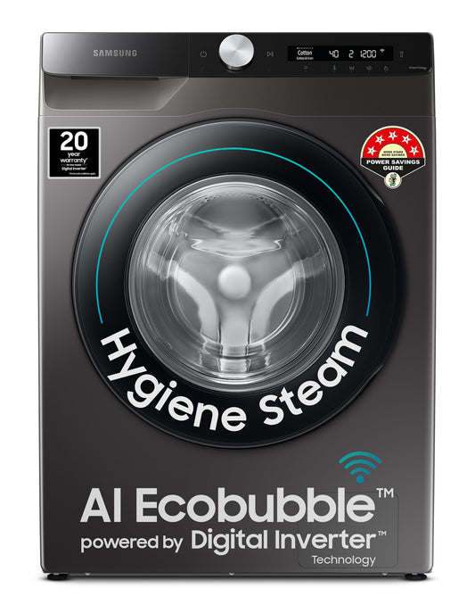 Samsung 8 kg, 5 star, Eco Bubble Technology, AI Control, Wi-Fi, Digital Inverter, Motor, Fully-Automatic Front Load Washing Machine (WW80T504DAX1TL, Hygiene Steam, Inox) 