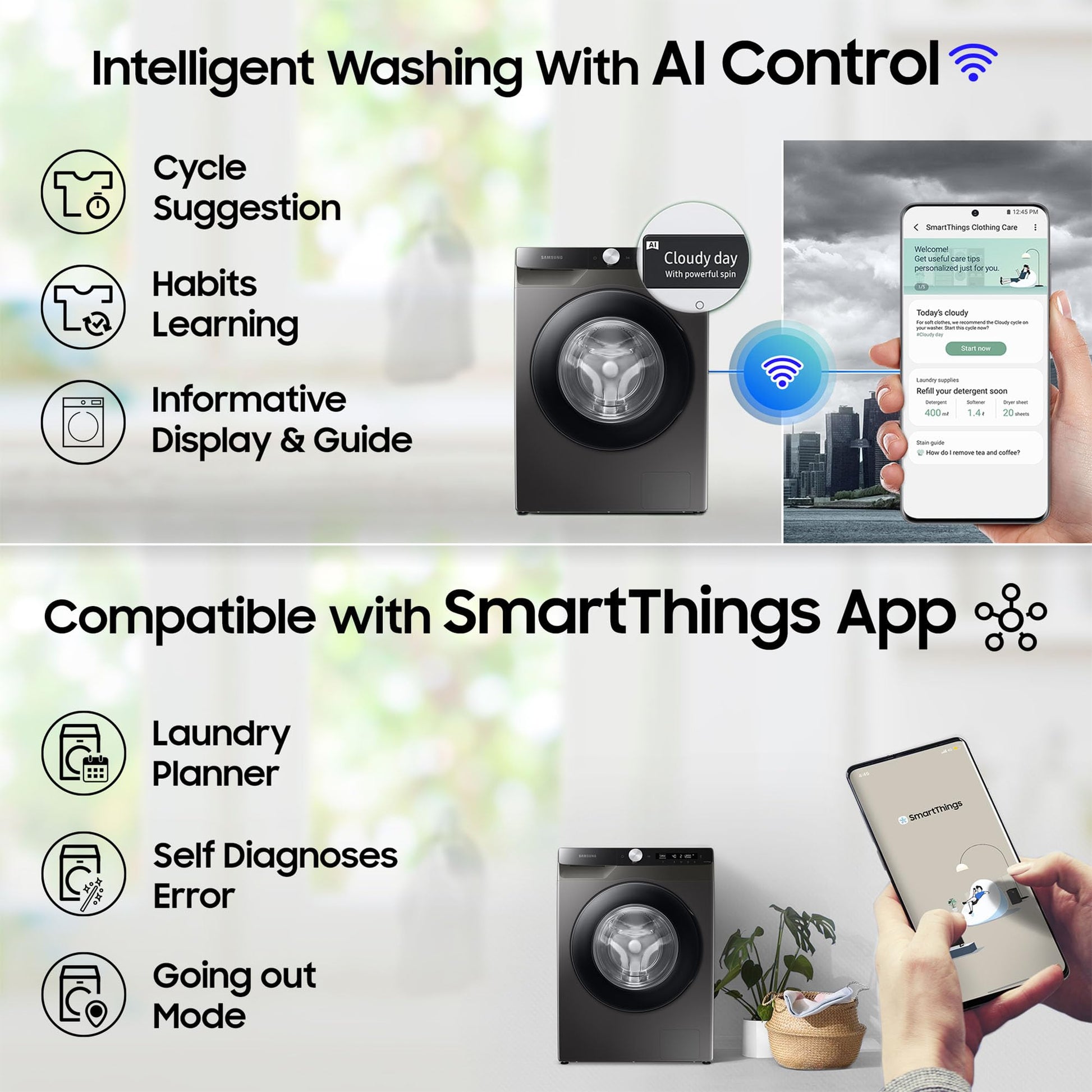Samsung 8 kg, 5 star, Eco Bubble Technology, AI Control, Wi-Fi, Digital Inverter, Motor, Fully-Automatic Front Load Washing Machine (WW80T504DAX1TL, Hygiene Steam, Inox) 