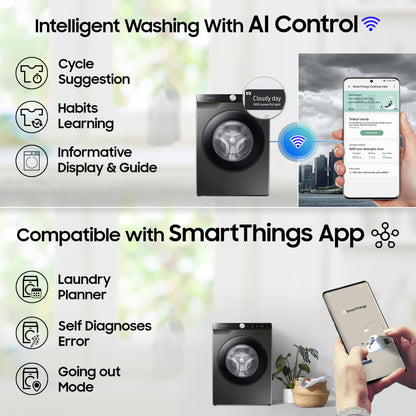 Samsung 8 kg, 5 star, Eco Bubble Technology, AI Control, Wi-Fi, Digital Inverter, Motor, Fully-Automatic Front Load Washing Machine (WW80T504DAX1TL, Hygiene Steam, Inox) 
