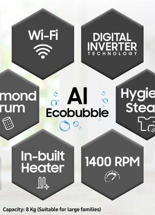 Samsung 8 kg, 5 star, Eco Bubble Technology, AI Control, Wi-Fi, Digital Inverter, Motor, Fully-Automatic Front Load Washing Machine (WW80T504DAX1TL, Hygiene Steam, Inox) 