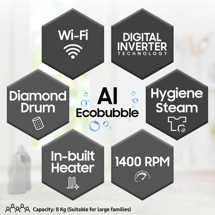 Samsung 8 kg, 5 star, Eco Bubble Technology, AI Control, Wi-Fi, Digital Inverter, Motor, Fully-Automatic Front Load Washing Machine (WW80T504DAX1TL, Hygiene Steam, Inox) 