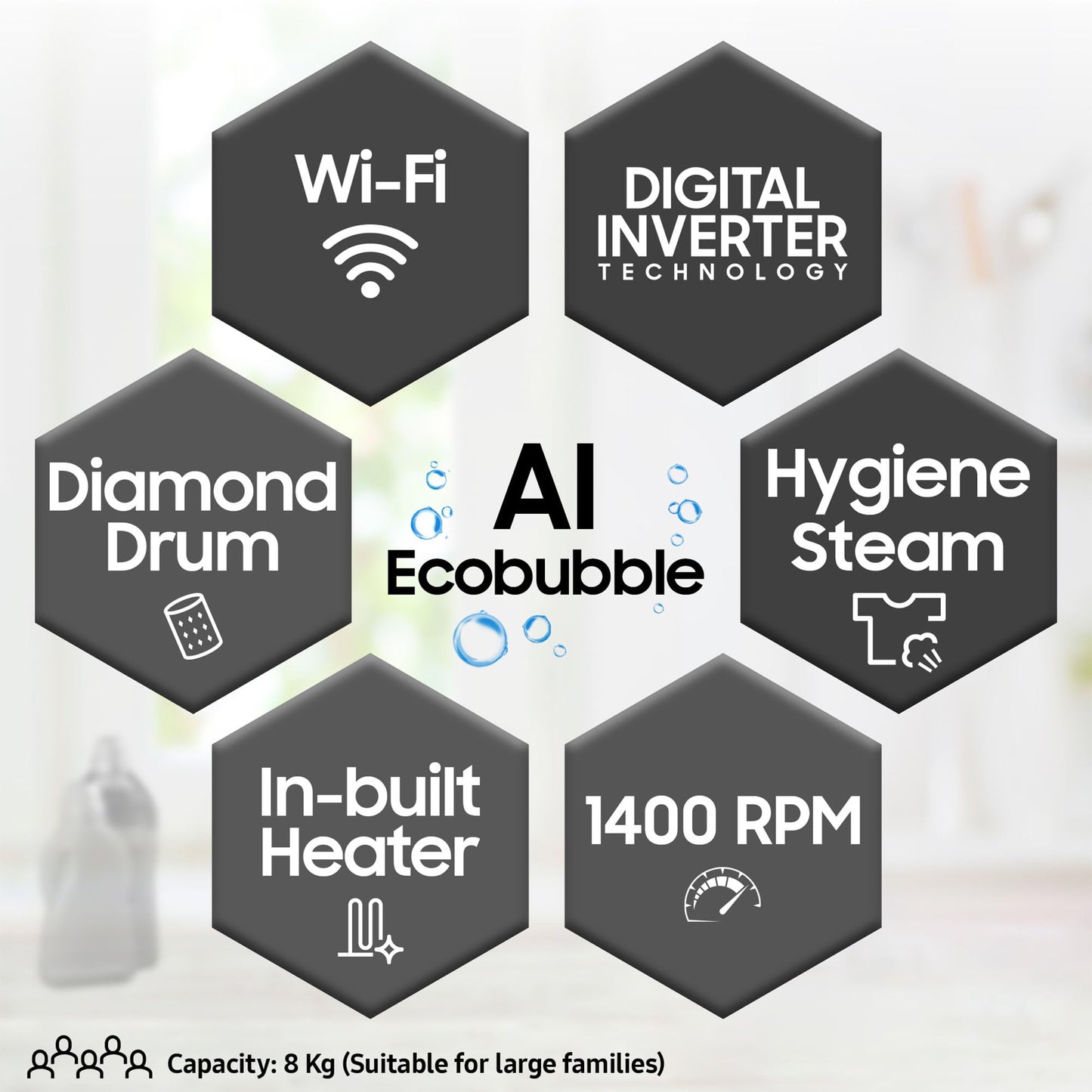 Samsung 8 kg, 5 star, Eco Bubble Technology, AI Control, Wi-Fi, Digital Inverter, Motor, Fully-Automatic Front Load Washing Machine (WW80T504DAX1TL, Hygiene Steam, Inox) 