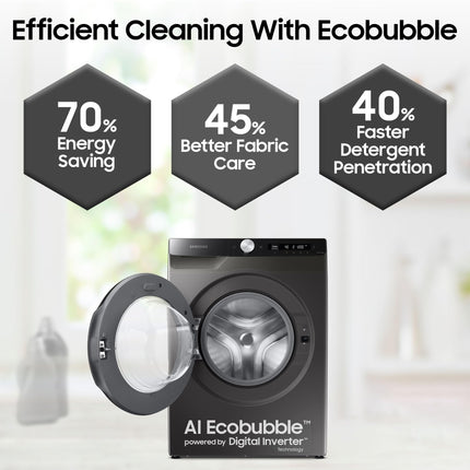 Samsung 8 kg, 5 star, Eco Bubble Technology, AI Control, Wi-Fi, Digital Inverter, Motor, Fully-Automatic Front Load Washing Machine (WW80T504DAX1TL, Hygiene Steam, Inox) 