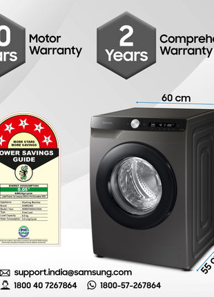 Samsung 8 kg, 5 star, Eco Bubble Technology, AI Control, Wi-Fi, Digital Inverter, Motor, Fully-Automatic Front Load Washing Machine (WW80T504DAX1TL, Hygiene Steam, Inox) 
