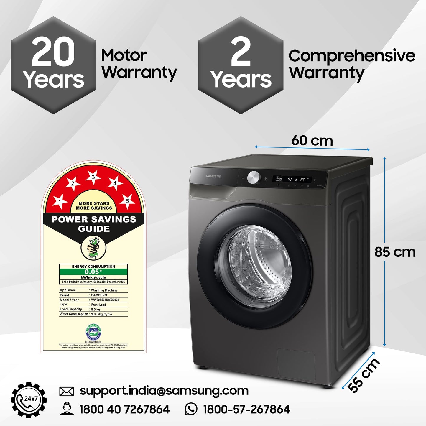 Samsung 8 kg, 5 star, Eco Bubble Technology, AI Control, Wi-Fi, Digital Inverter, Motor, Fully-Automatic Front Load Washing Machine (WW80T504DAX1TL, Hygiene Steam, Inox) 