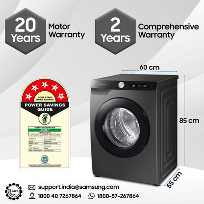 Samsung 8 kg, 5 star, Eco Bubble Technology, AI Control, Wi-Fi, Digital Inverter, Motor, Fully-Automatic Front Load Washing Machine (WW80T504DAX1TL, Hygiene Steam, Inox) 