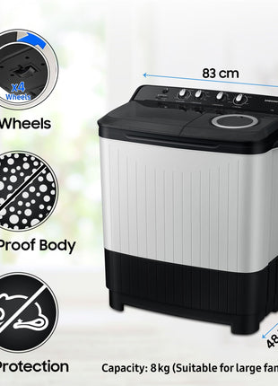 Samsung 8 kg, 5 star, Semi-Automatic Top Load Washing Machine (WT80C4200GG/TL, Air Turbo Drying, Light Gray, 2023 Model) 