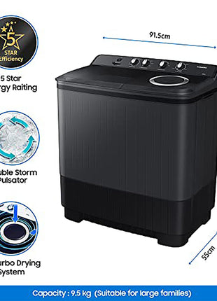 Samsung 9.5 Kg, 5 Star, Semi-Automatic Washing Machine (WT95A4260GD/TL, Air Turbo Drying, Dark Gray, Awarded as Washing Machine Brand of the year) 