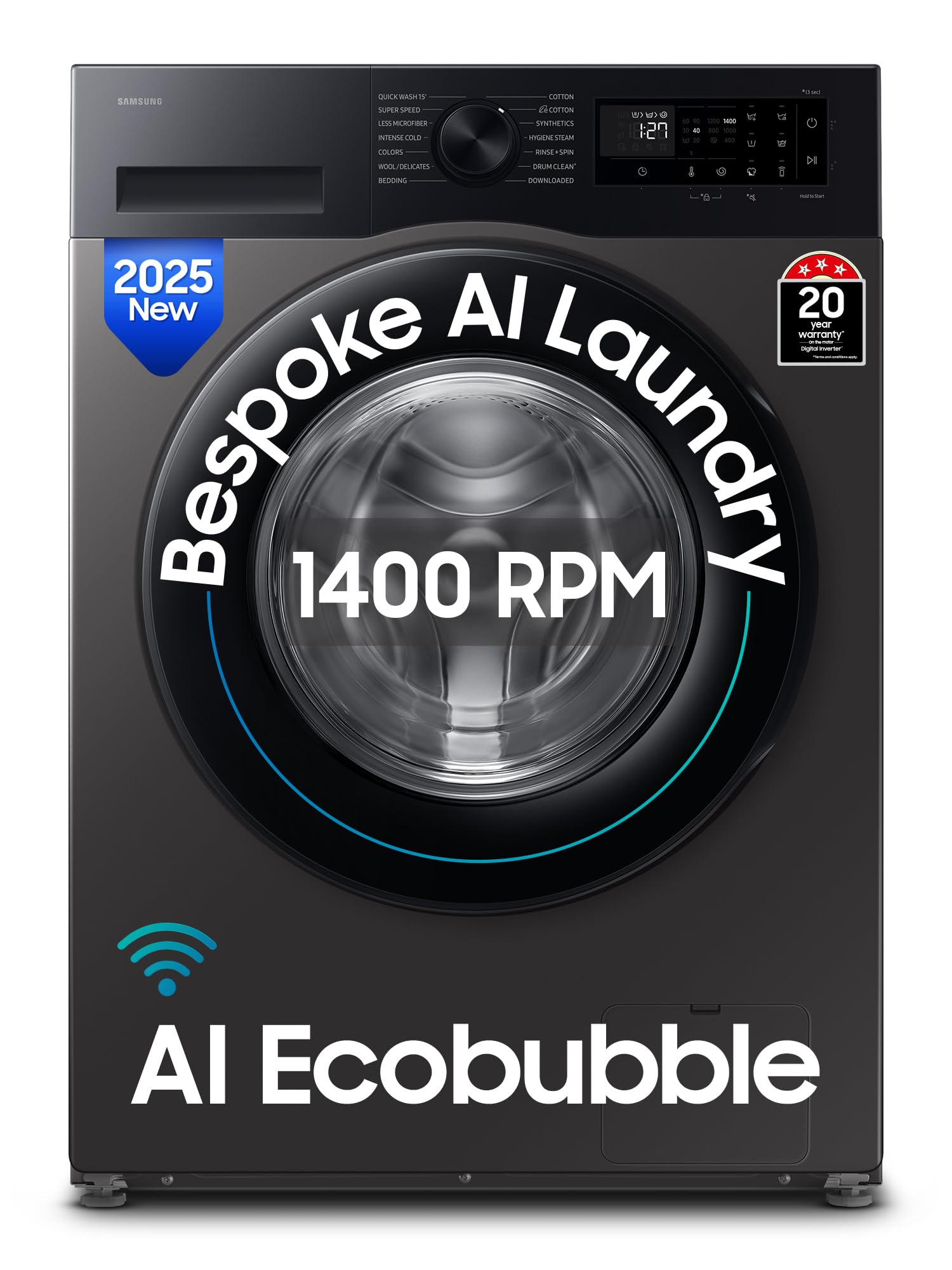 Samsung 9 kg, 5 star, AI EcoBubble, Super Speed, Wi-Fi, Hygiene Steam with Inbuilt Heater, Digital Inverter, Fully-Automatic Front Load Washing Machine (WW90DG5U24AXTL, Inox) 