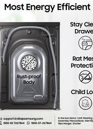 Samsung 9 kg, 5 star, AI EcoBubble, Super Speed, Wi-Fi, Hygiene Steam with Inbuilt Heater, Digital Inverter, Fully-Automatic Front Load Washing Machine (WW90DG5U24AXTL, Inox) 