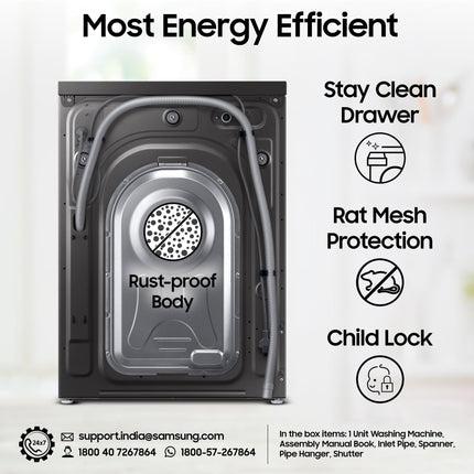 Samsung 9 kg, 5 star, AI EcoBubble, Super Speed, Wi-Fi, Hygiene Steam with Inbuilt Heater, Digital Inverter, Fully-Automatic Front Load Washing Machine (WW90DG5U24AXTL, Inox) 