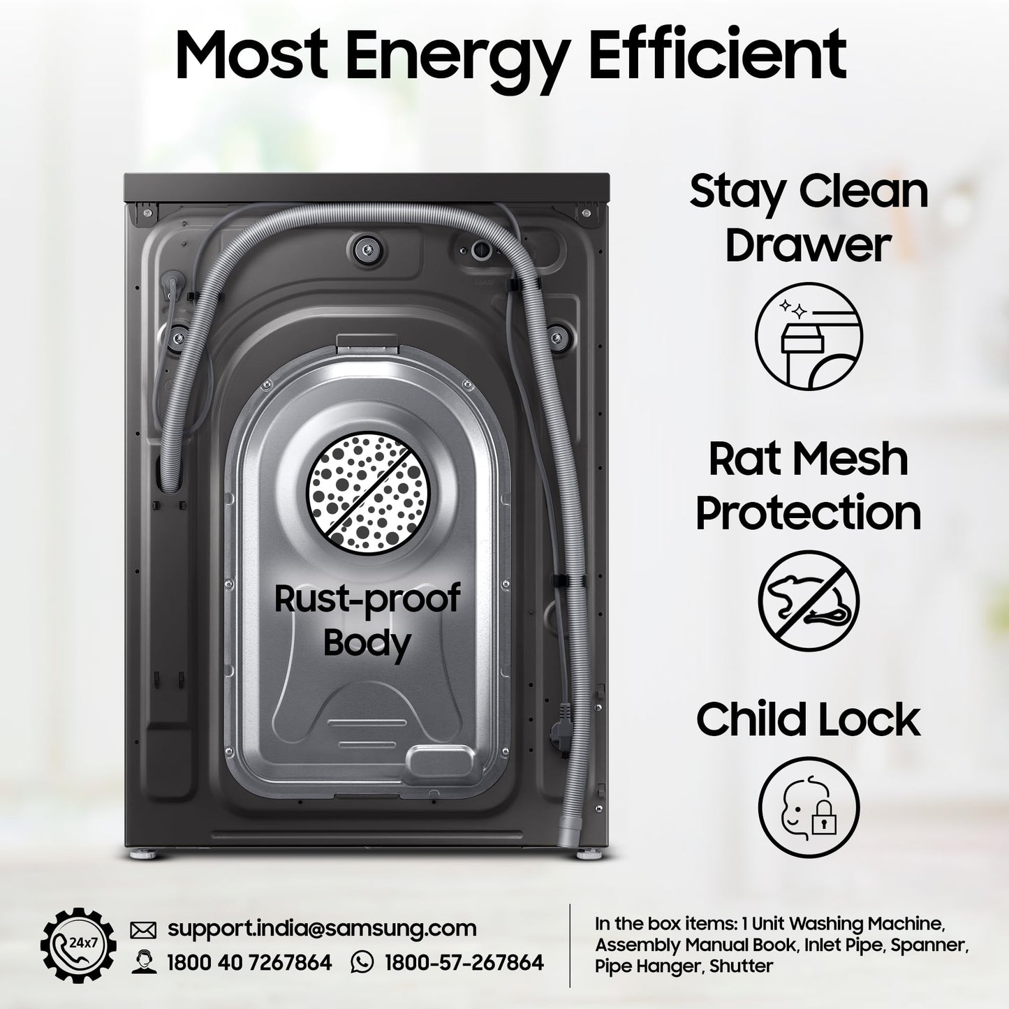 Samsung 9 kg, 5 star, AI EcoBubble, Super Speed, Wi-Fi, Hygiene Steam with Inbuilt Heater, Digital Inverter, Fully-Automatic Front Load Washing Machine (WW90DG5U24AXTL, Inox) 