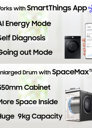 Samsung 9 kg, 5 star, AI EcoBubble, Super Speed, Wi-Fi, Hygiene Steam with Inbuilt Heater, Digital Inverter, Fully-Automatic Front Load Washing Machine (WW90DG5U24AXTL, Inox) 