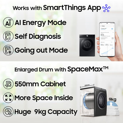 Samsung 9 kg, 5 star, AI EcoBubble, Super Speed, Wi-Fi, Hygiene Steam with Inbuilt Heater, Digital Inverter, Fully-Automatic Front Load Washing Machine (WW90DG5U24AXTL, Inox) 