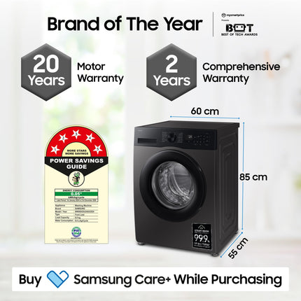 Samsung 9 kg, 5 star, AI EcoBubble, Super Speed, Wi-Fi, Hygiene Steam with Inbuilt Heater, Digital Inverter, Fully-Automatic Front Load Washing Machine (WW90DG5U24AXTL, Inox) 