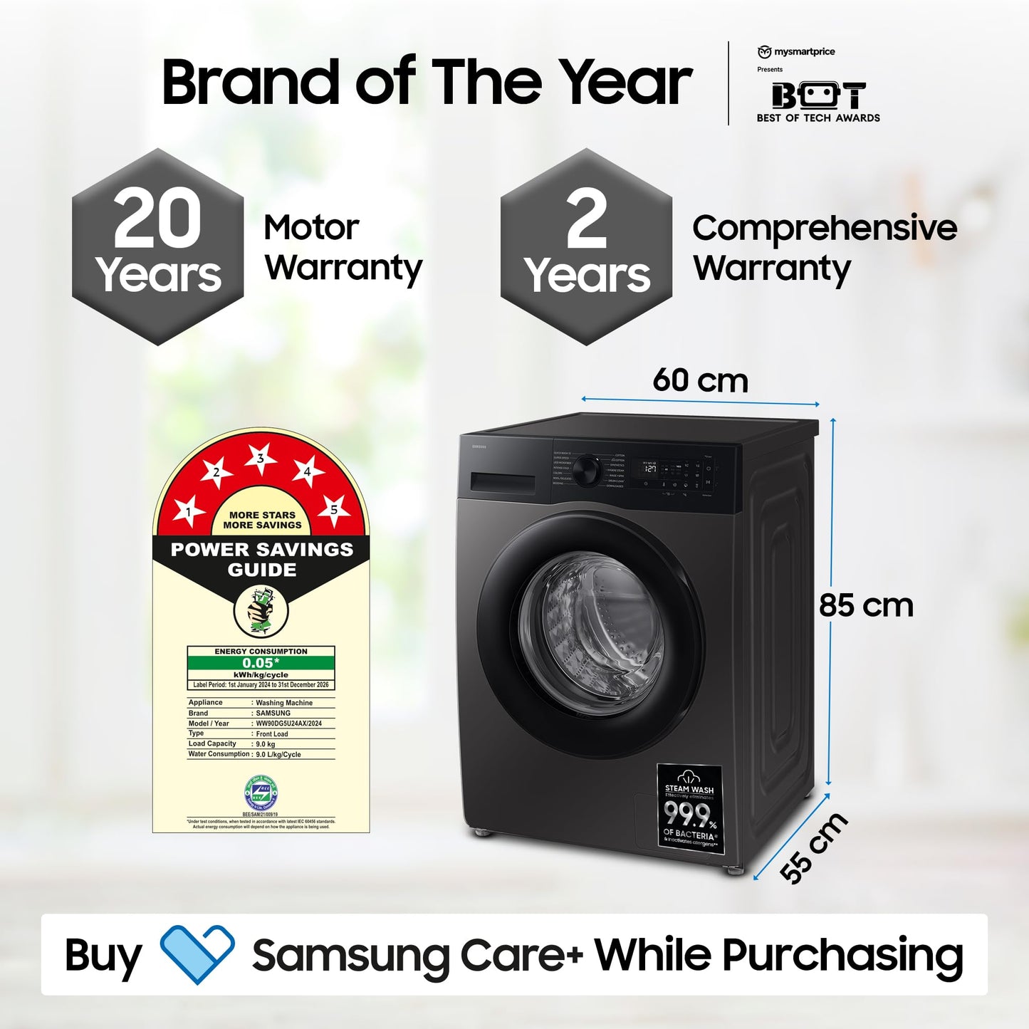 Samsung 9 kg, 5 star, AI EcoBubble, Super Speed, Wi-Fi, Hygiene Steam with Inbuilt Heater, Digital Inverter, Fully-Automatic Front Load Washing Machine (WW90DG5U24AXTL, Inox) 