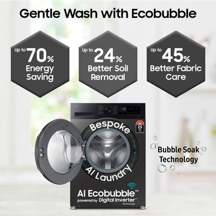 Samsung 9 kg, 5 star, AI EcoBubble, Super Speed, Wi-Fi, Hygiene Steam with Inbuilt Heater, Digital Inverter, Fully-Automatic Front Load Washing Machine (WW90DG5U24AXTL, Inox) 