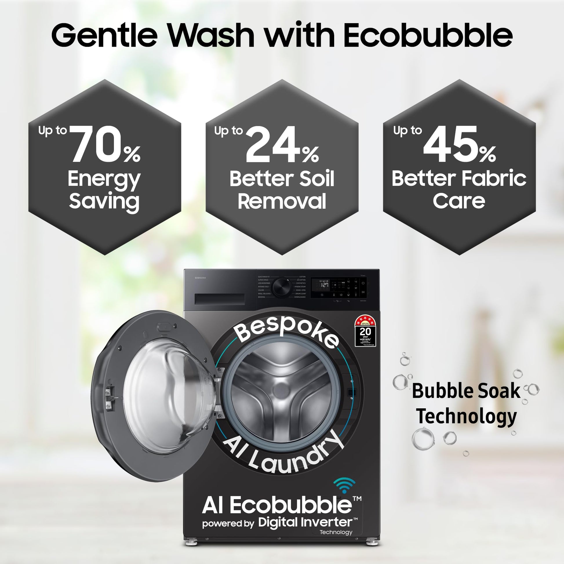 Samsung 9 kg, 5 star, AI EcoBubble, Super Speed, Wi-Fi, Hygiene Steam with Inbuilt Heater, Digital Inverter, Fully-Automatic Front Load Washing Machine (WW90DG5U24AXTL, Inox) 