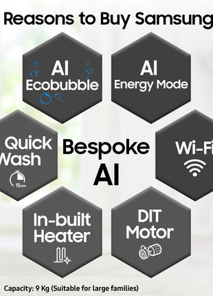 Samsung 9 kg, 5 star, AI EcoBubble, Super Speed, Wi-Fi, Hygiene Steam with Inbuilt Heater, Digital Inverter, Fully-Automatic Front Load Washing Machine (WW90DG5U24AXTL, Inox) 